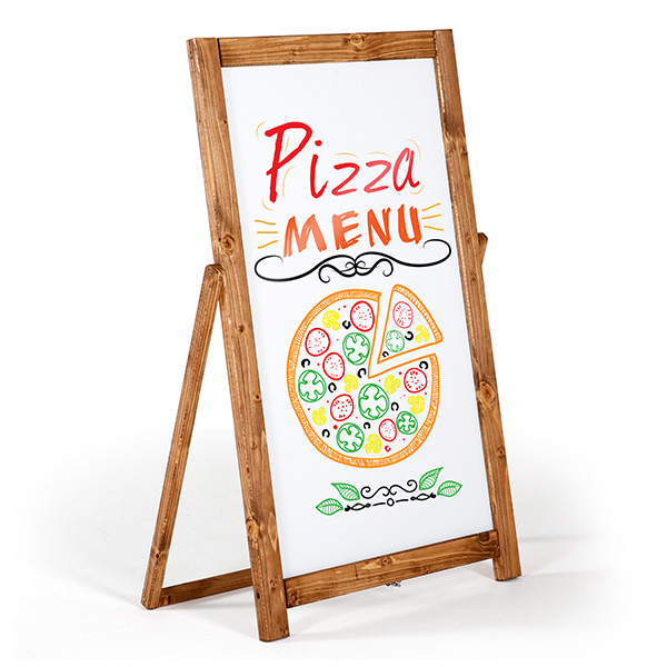 Kundenstopper mit Holzrahmen Whiteboard Schreibfläche darauf eine gemalte Pizza